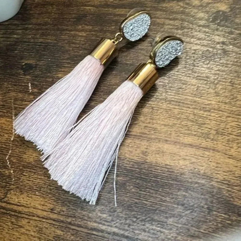 Rhinestone and Pink Tassel Dangle Earrings